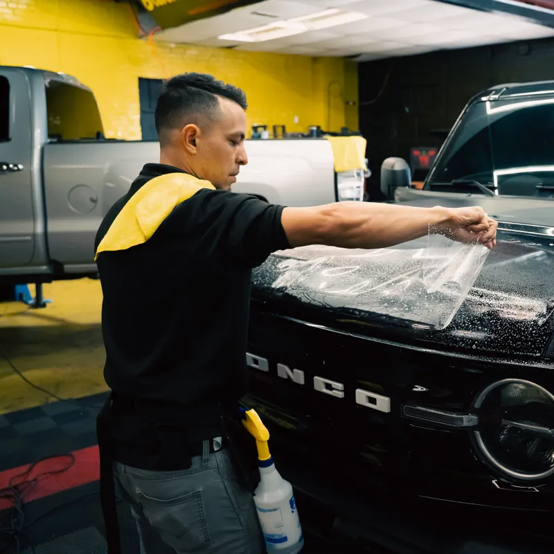 Black Optix Tint installer applying paint protection film to a Ford Bronco hood